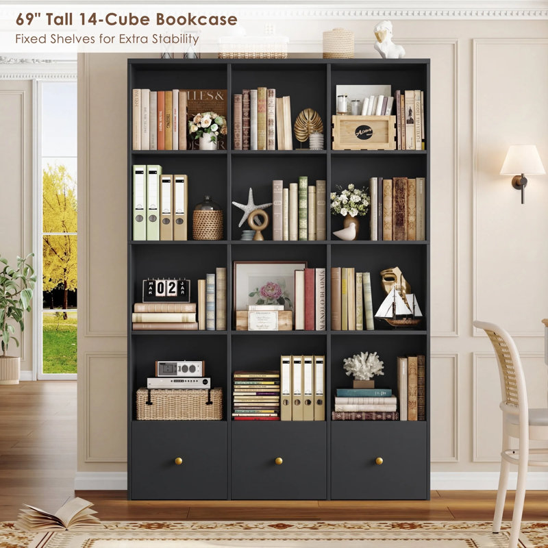 📚 5-Tier Modern Bookcase with Extra-High Shelves & Hidden Drawers - Tall Freestanding Bookshelf for Living Room, Home Office, Study - Sturdy Engineered Wood Storage Organizer
