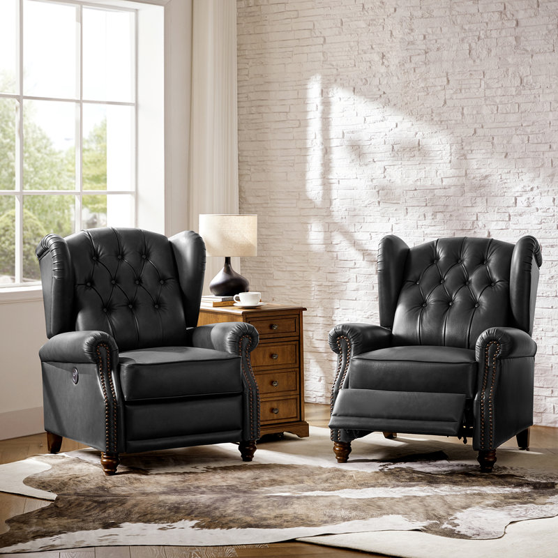 Cherri 32.5" Genuine Leather Wingback Power Recliner With USB And Type-C Charging Ports(Set Of 2), Black
