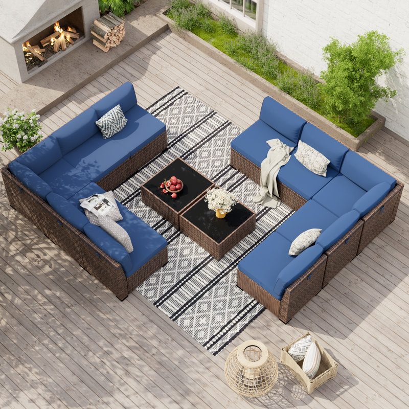 Ensemble modulaire de conversation modulaire en rotin pour 10 personnes avec 2 tables basses, 2 canapés d'angle et 8 canapés simples