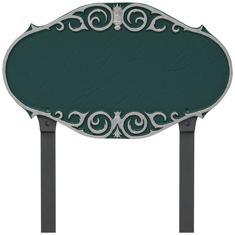 Plaque d'adresse victorienne avec piquets de pelouse, Vert forêt / argent, Oui