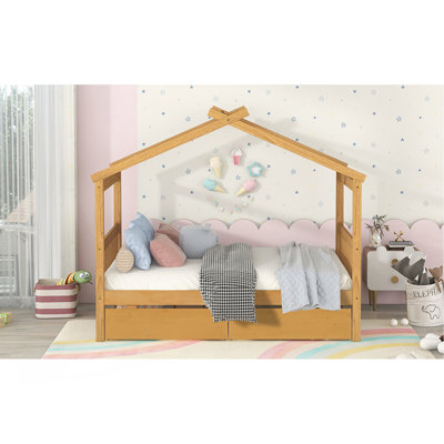 Lit double pleine grandeur en bois avec tiroirs, naturel