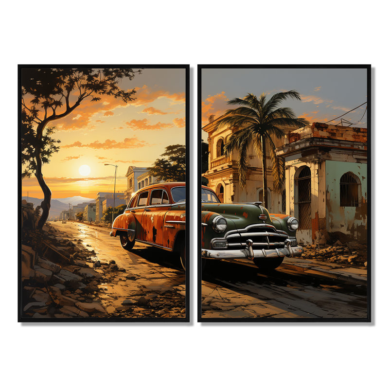 «Cuba Havana Sunset», ensemble de 2 reproductions d'art murales jaunes, H 36 po x l 48 po, Impression encadrée flottante