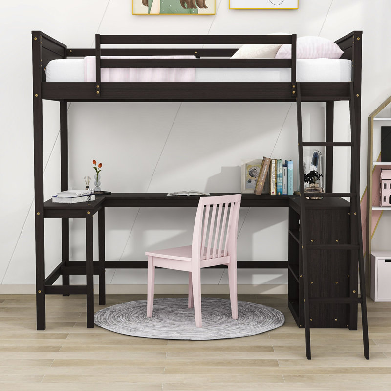 Lit mezzanine en bois avec bureau et tablettes, Simple, Espresso