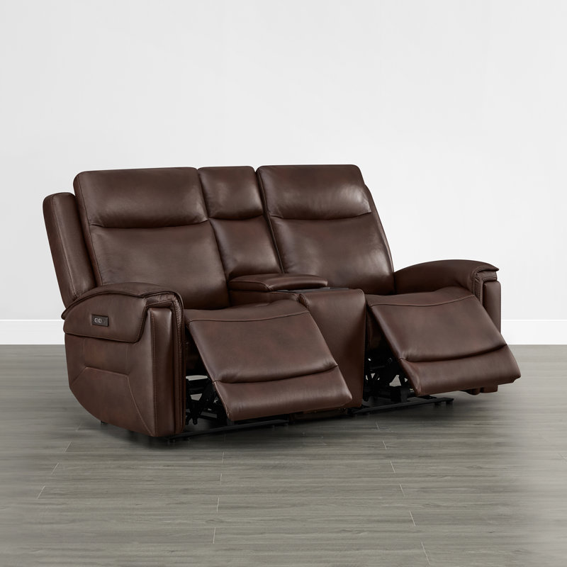 Canapé électrique 2 pièces en cuir véritable Super Zero-Gravity avec appui-tête électrique et console multifonction, Cognac