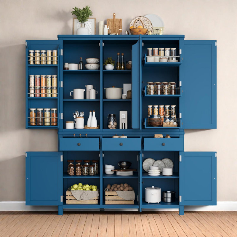 Garde-manger autoportant Farmhouse avec tablettes réglables et plateaux coulissants, Bleu