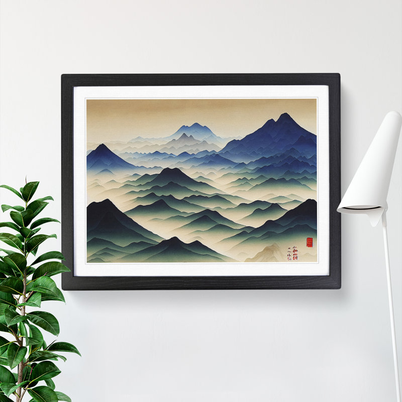 Watercolour Japanese Mountains Vol.1 - Single Picture Frame Print, Black, 46cm H x 64cm W x 2cm D