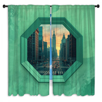 Cityscape Through Octagon Window Curtains New York Sheer & Room Darkening - 2 Panels