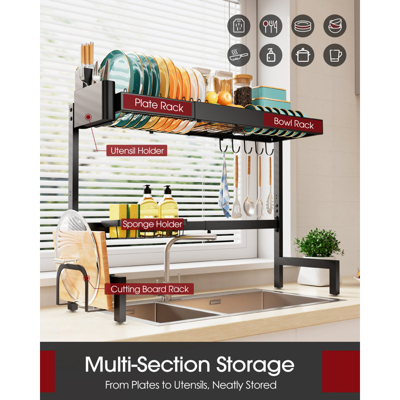 Over The Sink Dish Drying Rack, Expandable 2-Tier Stainless Steel Kitchen Storage Organization Accessories for Countertop, Rustproof & Space-Saving, 30"–34.5" L x 12" W x 25" H, Black