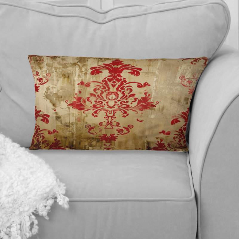 Motif damassé rouge et or baroque - coussin damassé rouge, H 12 po x l 20 po, Forme rectangulaire