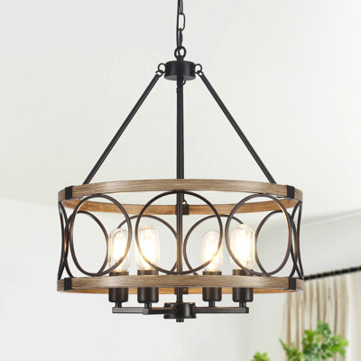Reback 4- Light Dimmable Rustic Farmhouse Geometric Drum Chandelier with Metal Accents for Kitchen Island Entryway Foyer Bedroom Hallway