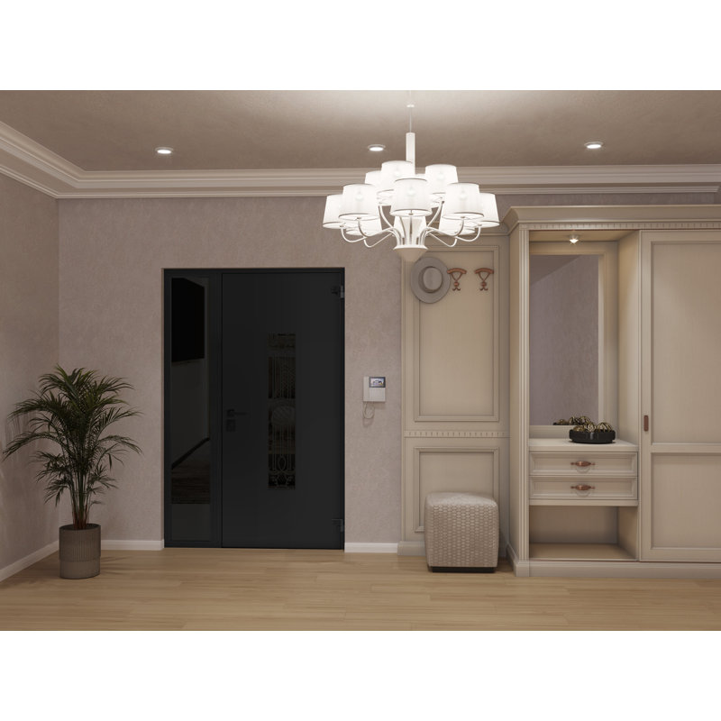Porte d'entrée extérieure prémontée en acier Ronex 1477, émail noir, fenêtre latérale extérieure, imposte, inserts en acier inoxydable, style moderne, peinte, largeur 36+12 po x hauteur 80 po, ouverture à droite vers l'intérieur