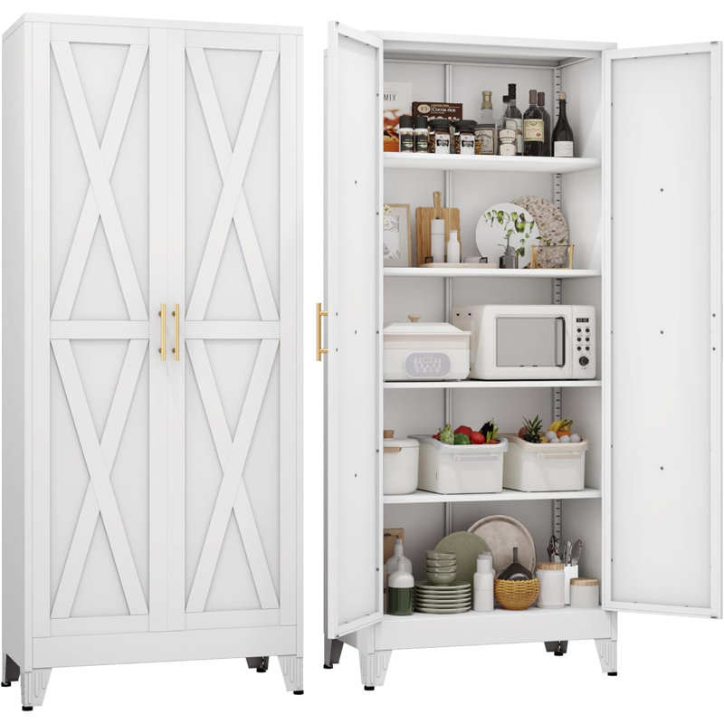 71" H Metal Kitchen Pantry Storage Cabinet, Freestanding Cupboard with 2 Doors and 4 Adjustable Shelves, Standing Storage for Kitchen, Bathroom, Garage, Dinning Room or Utility Room（White）