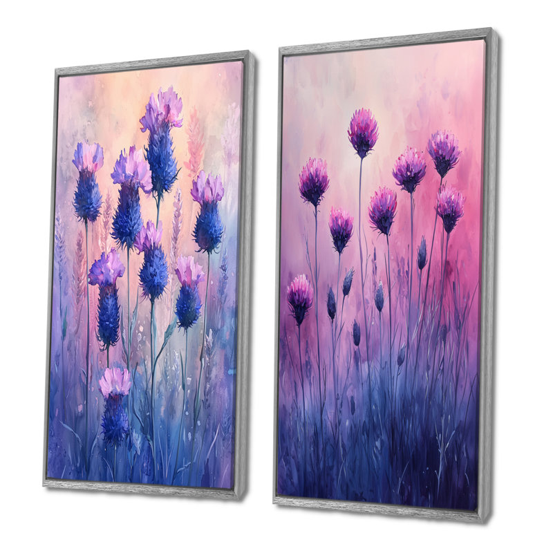 Rêve de champs de bleuet en mauve I - Collection d'art floral sur toile 2 panneaux, H 32 po x l 33 po, Encadrement argenté