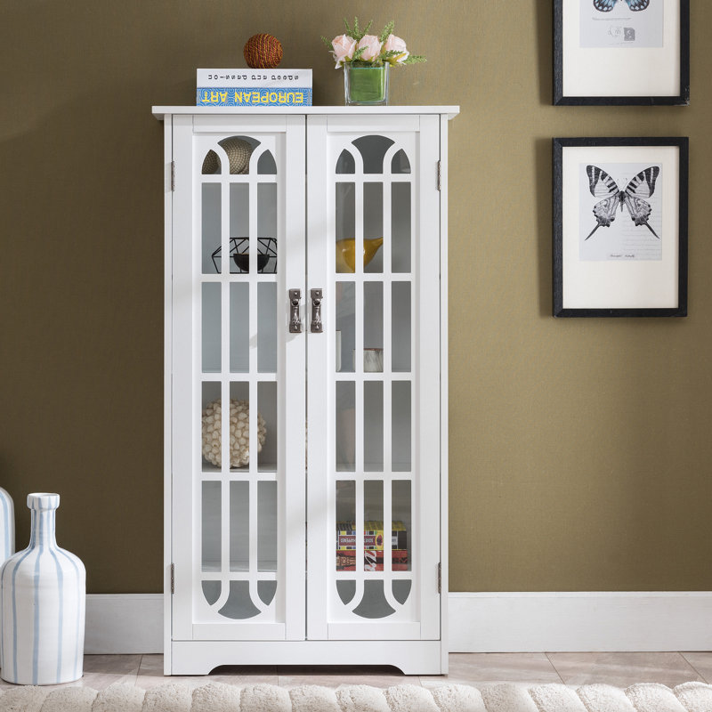 Armoire multimédia à panneau de fenêtre noire, Blanc / argent antique