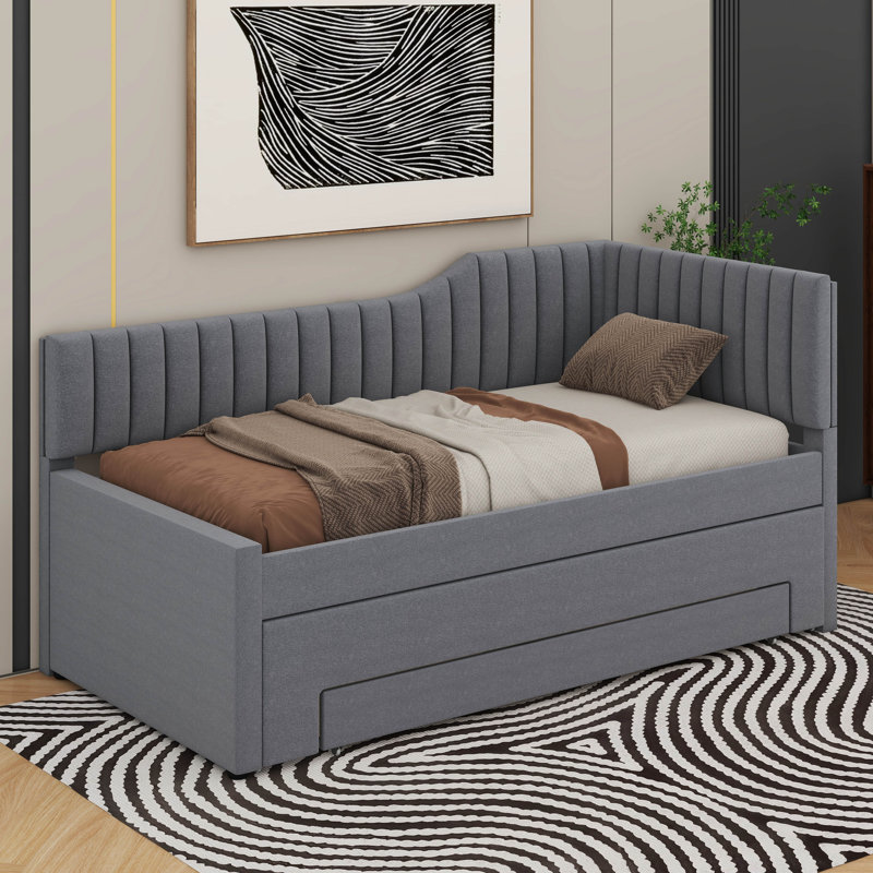 Upholstered Daybed With Trundle And Drawers, Gray, Twin
