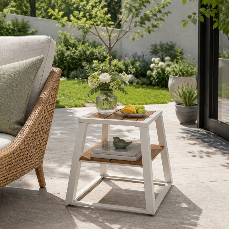 Table d'appoint d'extérieur robuste à deux niveaux en bois d'acacia avec structure en fer-blanc et tablette de rangement
