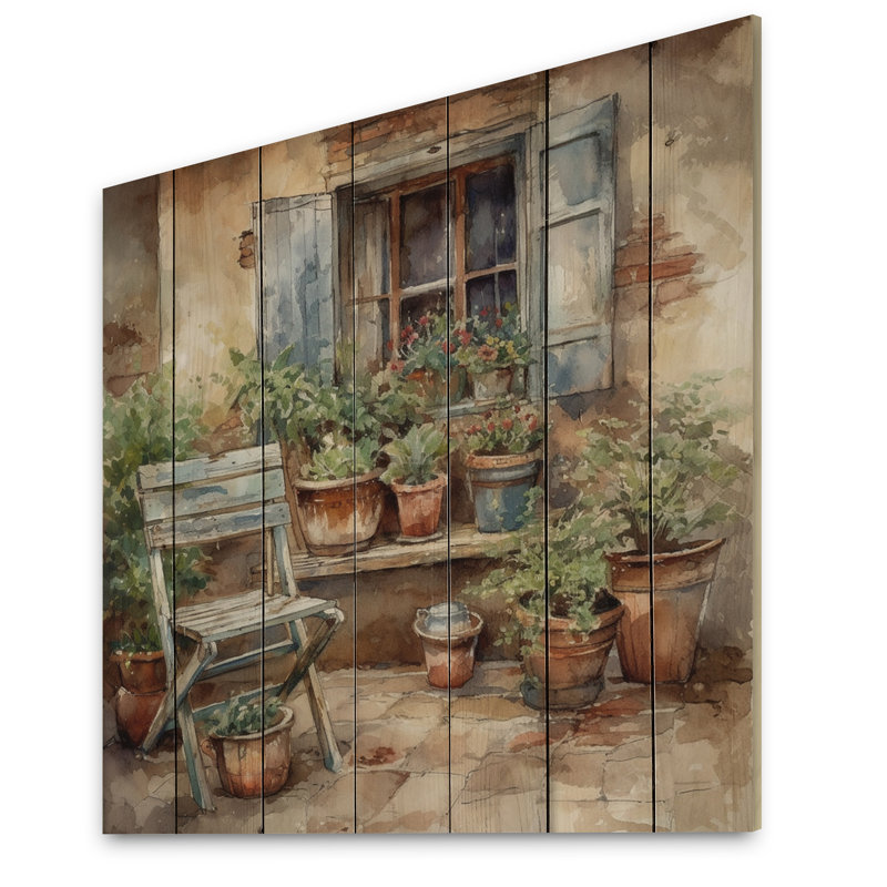 Chaise avec accoudoirs entourée de plantes III sur bois, H 25 po x l 25 po x P 0,78 po