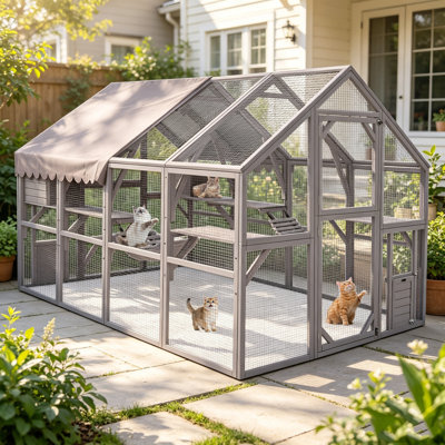  Catio Outdoor Cat Enclosure Large Cat Run with Bridges, Walks, Small Houses, Roof Cover 110"