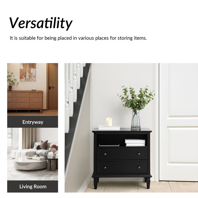 Amberlyn 28.2" W Traditional 2-Drawer End Table with Charging Station and Solid Wood Legs and Open Shelf, Black