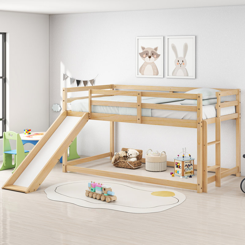 Low Bunk Bed with Slide, Floor Loft Bed with Climbing Ladder, Wood Twin Bunk Bed Frame with Full Guardrails & Storage Space for Kids Toddler