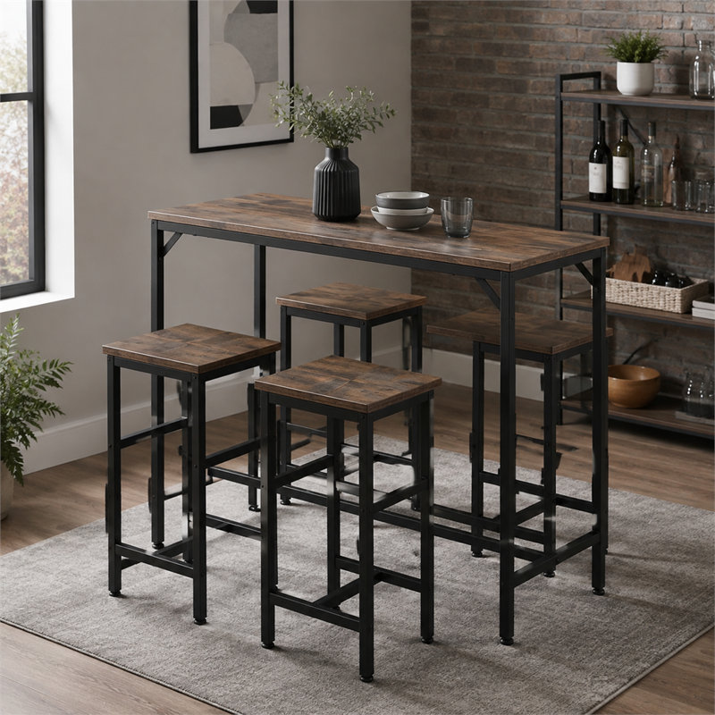 Ensemble de table de bar industriel 5 pièces avec table rectangulaire et 4 tabourets sans accoudoirs. Panneaux de particules au fini mélaminé, structure en acier. Conception compacte et pliable, idéale pour les cuisines et les petits espaces.