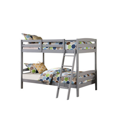 Lit superposé simple gris en bois massif en mode transitionnel avec un design à lattes en angle, 2 tiroirs sous le lit, des rails supérieurs et un cadre de montage ovale
