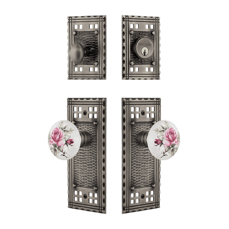 Nostalgic Warehouse Craftsman Entry Set with White Rose Porcelain Knob, Antique Pewter, 2.75