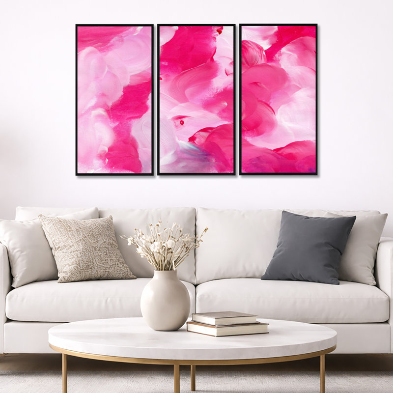 Fuchsia et nuages liquides roses - ensemble d'art mural sur toile moderne encadré de 3, Noir, noir, noir, noir