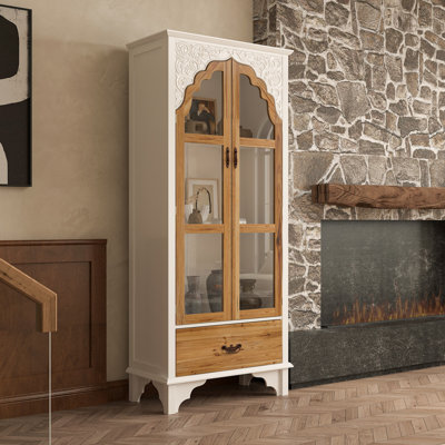 71''H X 31.5'' W Retro Bookcase With Drawer And 3-Layer Shelf And Glass Doors