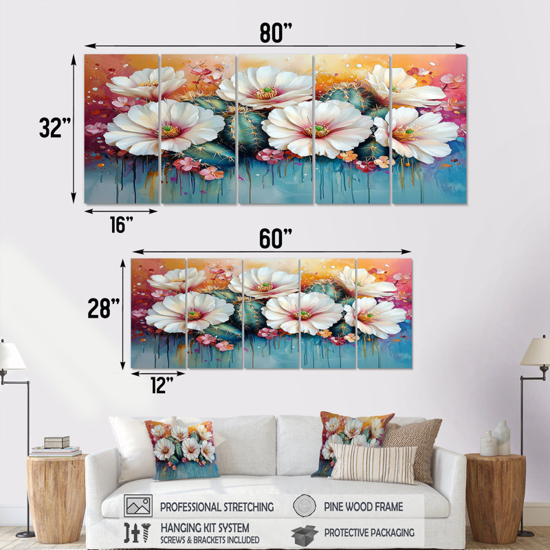 Beauté rose cactus blanc - Art mural floral cactus - Art mural traditionnel pour le salon, H 32 po x l 80 po, 5