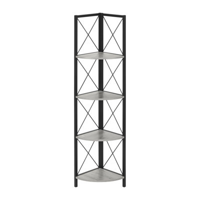 Fexy 59 Inch Corner Etagere Bookcase, 4 Tier Display Shelves, Black Metal, Grey