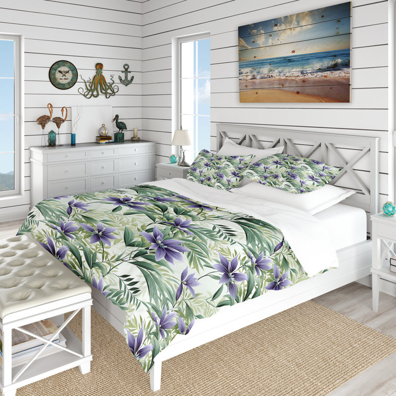 Literie verte et mauve à motif tropical Serenade, Housse de couette pour très grand lit et 2 très