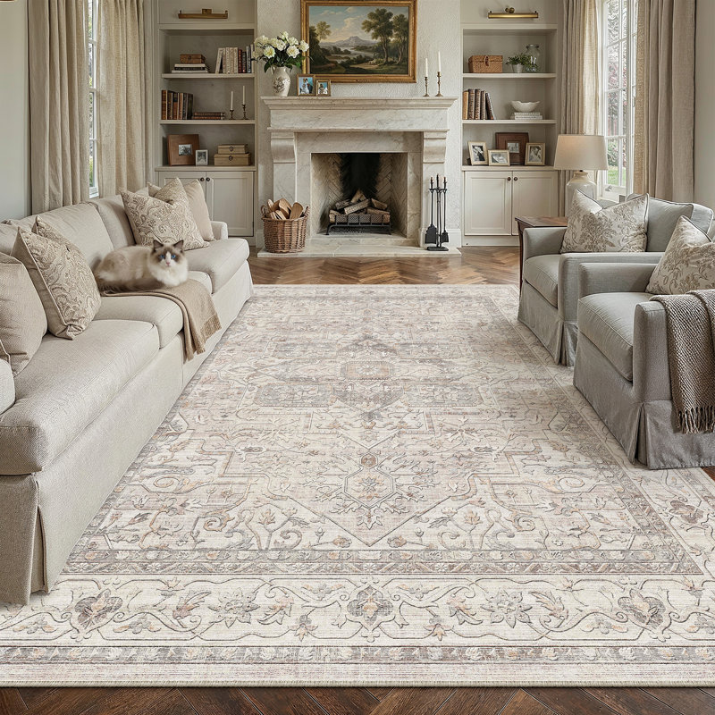 Tapis oriental lavable avec envers antidérapant Emery, Beige, Rectangulaire 8 pi x 10 pi
