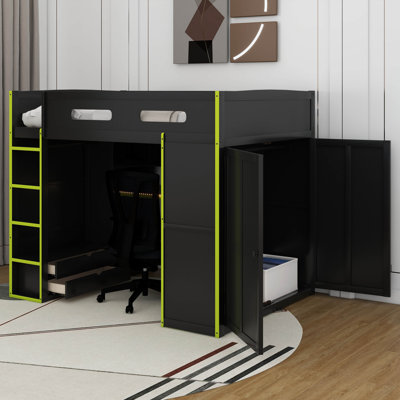 Full Size Wood Loft Bed With Desk,Wardrobe And RGB LED Light