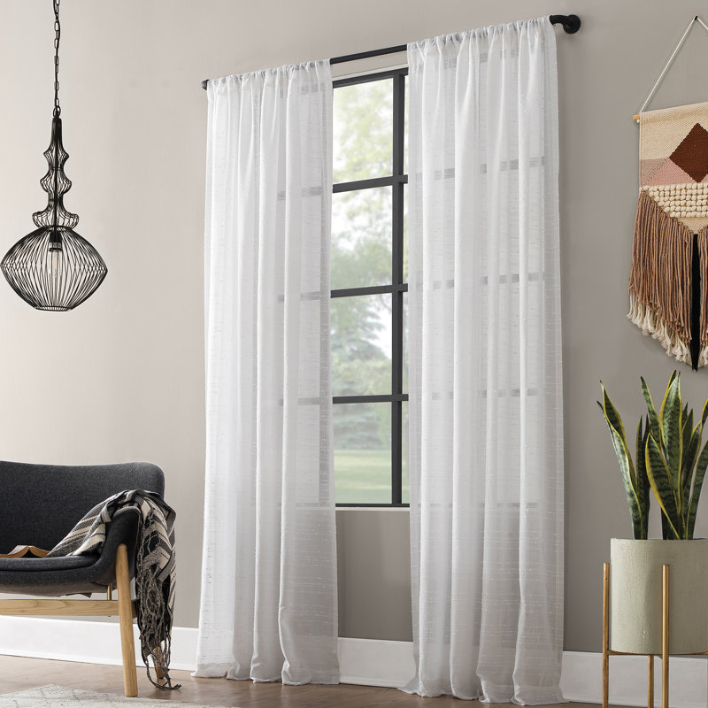 White Linen Blend Sheer Slub Striped Curtain Panel 52"x84"