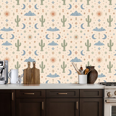 Peel and Stick Wallpaper Cactus Mountains Boho Seamless Desert repeat print Wild West motifs Contact Paper Removable Self Adhesive Wall Mural Wall Decor for Bedroom Kitchen Cabinets 17.7in x 118in
