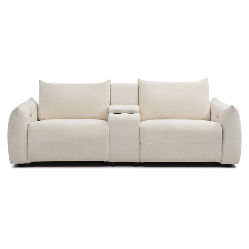 Fauteuil inclinable en lin beige avec rangement et porte-gobelets. Siège de cinéma maison. Caractéristique douillette pour le salon. Supports et rangement. Espace du siège