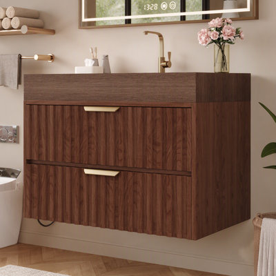 Meuble-lavabo flottant moderne de 30 po avec plateau en pierre frittée sans soudure et lavabo en céramique - 2 tiroirs à fermeture en douceur, fixation murale
