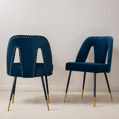 Modern Contemporary Velvet Upholstered Dining Chair with Nailheads and Gold Tipped Black Metal Legs, Set of 2