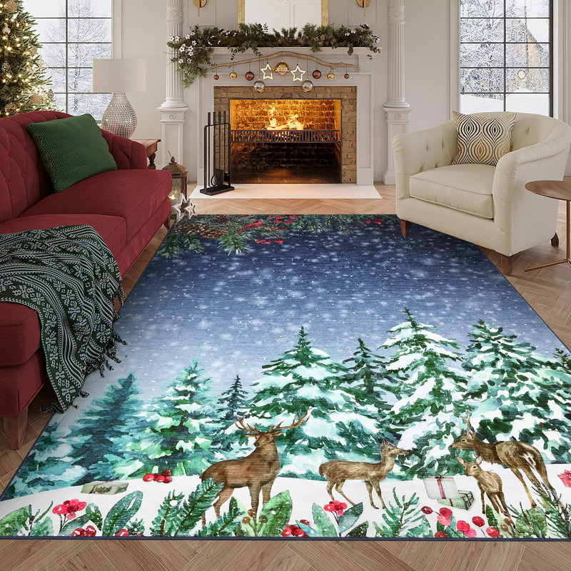 8x10ft Washable Christmas Area Rugs Entryway Rug Low Pile Non Slip Carpet Festive Xmas Decorative Foldable Carpet