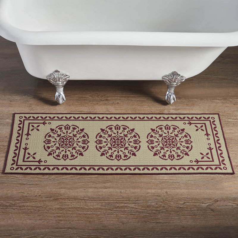 Custom House Tan Jacquard Polyester Bathmat, Burgundy, 17"W x 48"L