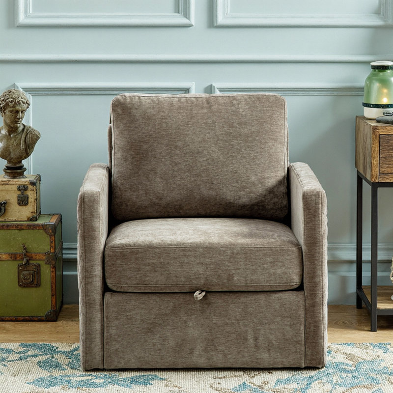 Fauteuil d'appoint pivotant en chenille de 29,5 po avec rangement caché, accoudoirs et coussin capitonnés, forme carrée, Gris