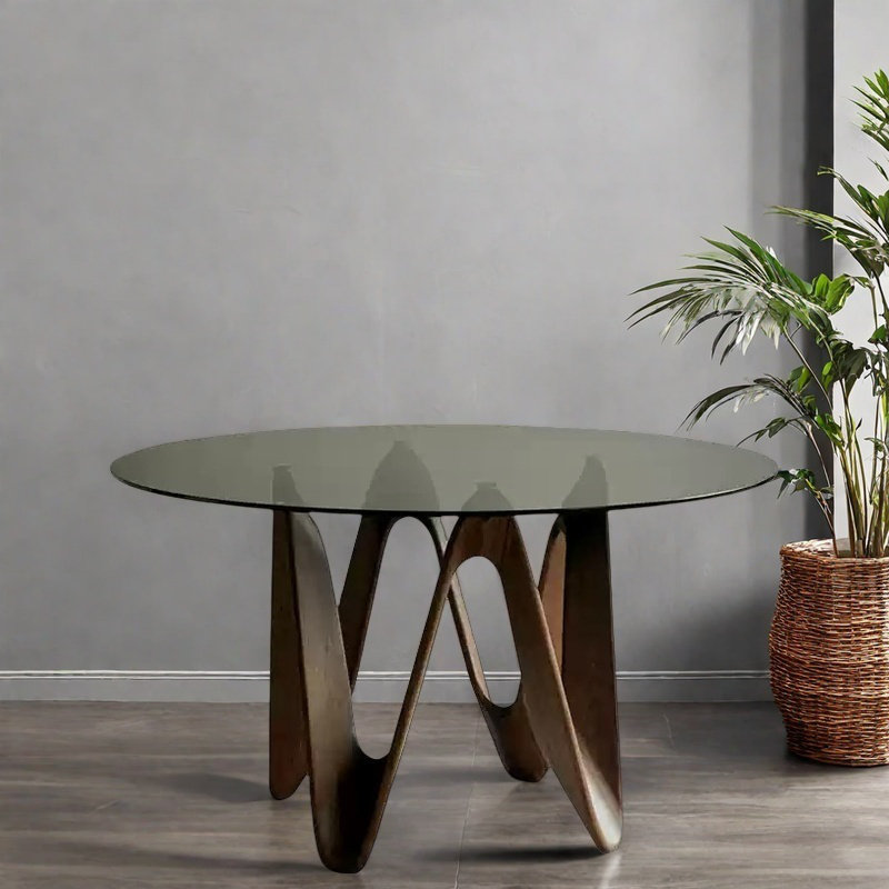 Table en verre trempé avec base en bois massif., H 29,53 po x L 51,18 po x l 51,18 po