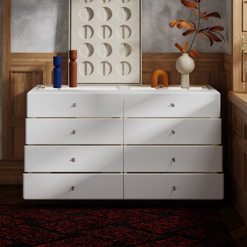 Commode blanche moderne à 8 tiroirs avec compartiments en verre à DEL intégrés - Solution de rangement élégante