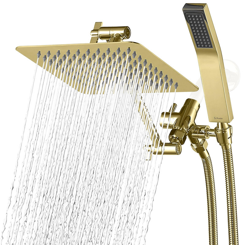 8 Inch Dual Square Shower Head, Rain Shower Head, Adjustable Extension Arm, 3-Way Diverter, 71 Inch Hose, Polished Brass