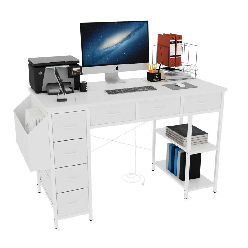 Bureau d'ordinateur 47 po avec prise de courant, bureau d'écriture, bureau à domicile, coiffeuse avec 7 tiroirs en tissu, grande poche latérale