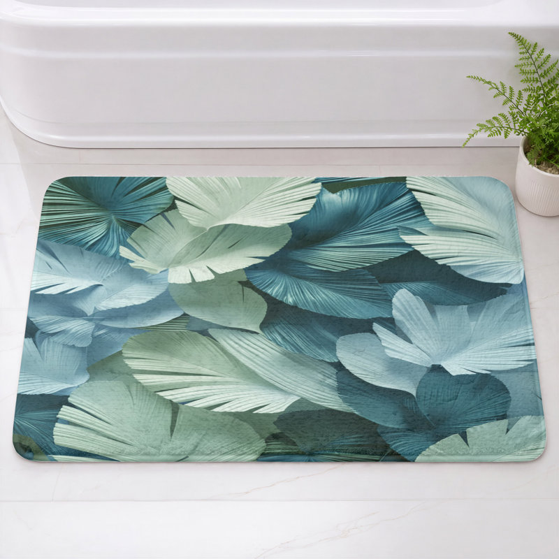 Tapis de bain texturé à feuilles de palmier, L 34 po x L 21 po, Vert moyen bleu moyen