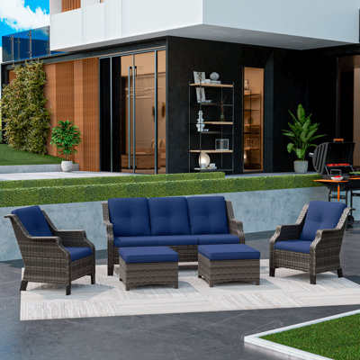 6 Pieces All-Weather Wicker Patio Conversation Set With Cushions, Sofa, Chairs & Ottomans