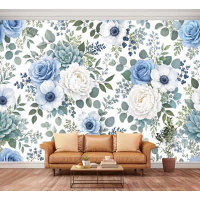 Papier peint auto-adhésif à motif de papier peint autocollant amovible de couleur bleu jardin avec anémone echeveria