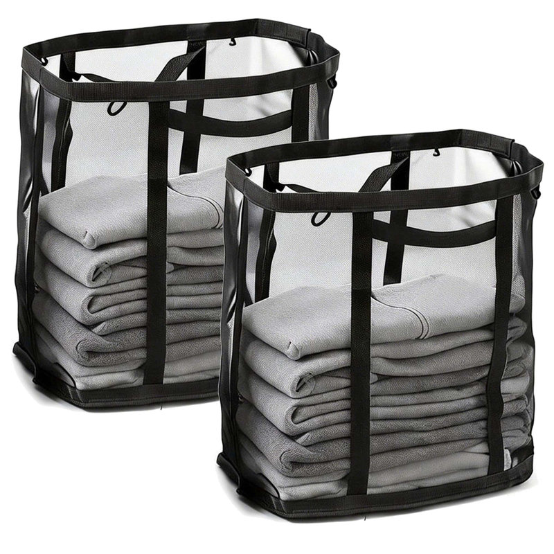 2 Pcs Laundry Hamper Bag with Handles,Portable & Collapsible Dirty Clothes Mesh Basket Foldable for Washing Storage, Kids Room,Dorm or Travel (Black)
